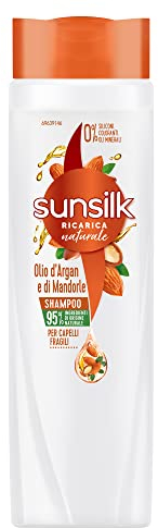 Sunsilk, Shampoo Arganöl und Mandelöl, Shampoo für sprödes und geschmolzenes Haar, nährende und stärkende Formel, mit Arganöl und biologischem Mandelöl, ohne Silikon, 250 ml