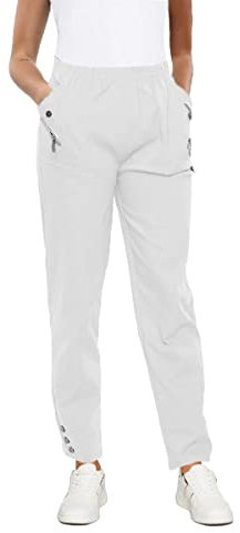 URBAN STITCH Womens Trouser Full Length Casual Wear Elasticated High Waist Pants Light Weight Straight fit Stretchy Trousers (16, White)