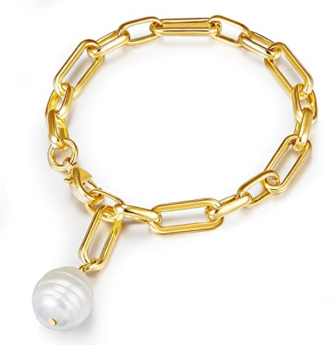 Lulu & Jane Damen Armband Metall-Legierung gelbgold barock Muschelkernperle 13 mm weiß Perlenarmband