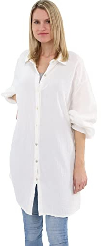 Malito Damen Musselin Bluse - Langarm Blusenhemd - langes Oversize Hemd aus Baumwolle - Long Shirt Strand Cover Up 20914 (One Size)