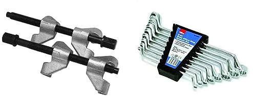 Hilka 12700055 Coil Spring Compressor, Silver & 16700802 Metric Ring Spanner Set, 8 pce, Set of 8 Pieces, Silver