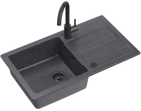 QUADRON Lavello da cucina in granito | Dimensioni 77 x 44 x 17,6 cm Molto nero | Lavello GO MAX Lavello da incasso con rubinetto da cucina | Lavello a vasca singola Lavello da cucina