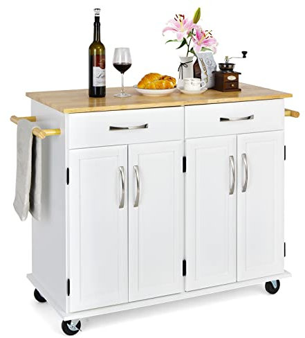 GOPLUS Desserte à Roulettes Cuisine, 122 x 48 x 92,5CM, Desserte Cuisine en Bois, 2 Tiroirs, 2 Porte-serviettes, 2 Armoires à Double Porte, 3 Étagères Rréglables en Hauteur, pour Salle à Manger(Blanc)