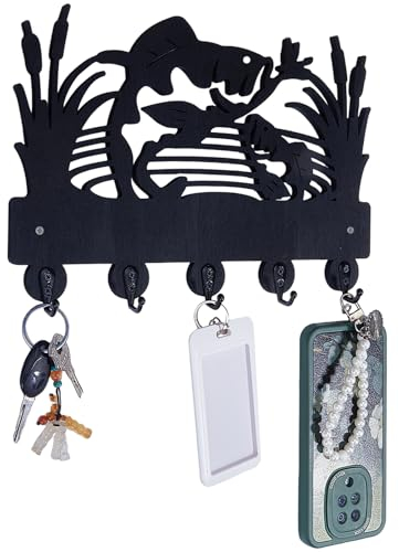 ORIGACH Hölzerne Fisch-Schlüsselhaken mit 5 Metallhaken Schlüsselhalter für Wand 30×16.9cm fischen Wandmontierte schwarze Kleiderbügel für Haustür Küche Eingang Schlafzimmer Angeln Liebhaber Geschenk