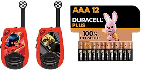 Lexibook Miraculous Ladybug Cat Noir, Walkie-Talkies, Reichweite 2km, Licht-Morse Funktion, Gürtelclip, für Kinder, Batterie,Rot, TW25MI + Duracell Plus Batterien AAA, 12 Stück, langlebige Power, AAA