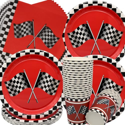 Vajilla de Cumpleaños de Coche de Carreras,Doyomtoy 72 piezas Fiesta de Cumpleaños de Coches de Carrera Platos Cumpleaños Platos Servilletas Vasos para Fiesta de Cumpleaños para Niños