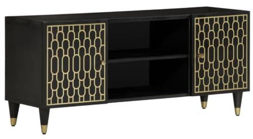 vidaXL Black Solid Mango Wood TV Stand - Retro Media Unit with Iron Legs, Hand-Carved Floral Pattern, for Living Room Entertainment Centre, 105x33x46 cm