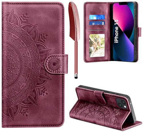 EASDNB Lederhülle für iPhone 13 Hülle, Handyhülle für iPhone 13 Flip Wallet PU Leder Case [Kartenfach] [Magnet] [Ständer] Prägung Klapphülle Schutzhülle für iPhone 13, Weinrot