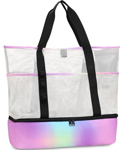 UYLIA 8 Taschen Tote Mesh Strandtasche Damen Groß Faltbare mit Wasserdichter Kühltasche für Spielzeugaufbewahrung Strand Reise Picknick, Shopper Handtasche Badetasche Umhängetasche (Regenbogen)