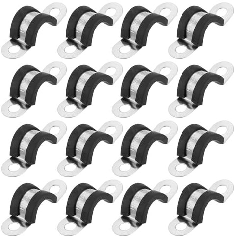 sourcing map 16Pcs 12mm/0.47Inch Cable Clamps, 304 Stainless Steel Rubber Cushioned U-Tube Strap Clamp Metal Tube Holder for Pipe, Wiring Fixing