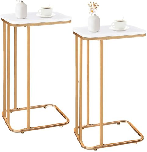 KJGKK C Shaped End Table Set of 2, 27 Inches High Small Side Table for Sofa and Bed, Couch Table That Slides Under, Tall Tv Tray Table for Living Room, Bedroom, Metal Frame, Gold & Snow White