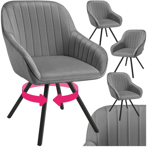 tectake® drehbare Esszimmerstühle mit Armlehne, Schalenstuhl ergonomisch mit Samt Bezug, gesteppt, Stühle drehbar für Wohnzimmer, Esstisch, Arbeitszimmer, Schminktisch, Küchenstühle - 4er Set, grau