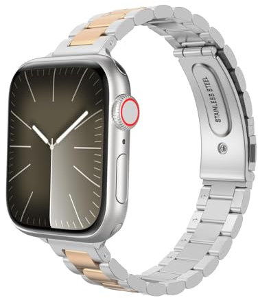 MoKo Correa Delgada de Metal Compatible con Apple Watch 41mm 40mm 38mm, Pulsera Fina de Acero Inoxidable de Repuesto para iWatch Series SE 2 SE 9 8 7 6 5 4 3 2 1 para Mujeres Hombres, Plata/Oro Rosa
