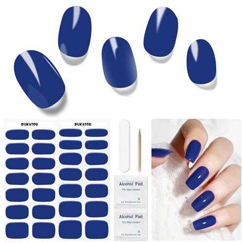 Semi Cured Gel Nail Strips, 28 pcs Deep Blue Gel Nail Stickers Full Nail Wraps for Women ,Long Lasting Gel Nail Strips Work with Any UV Lamp, Easy to Apply