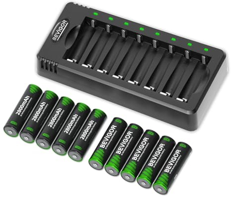 BEVIGOR 1,2 V Ni-MH-Akkus mit hoher Kapazität, 10 Stück AA wiederaufladbare Batterien 2800 mAh mit einer 8 Bay Smart Charge
