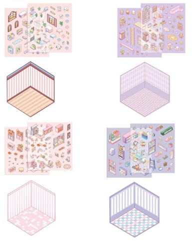 Generisch 4 Set Miniatur Haus Cute Stickers, D-i-y House Stickers für Kinder, Szenen Aufkleber, Sticker Maker Mit Effekt Für Wände Telefonhüllen Möbel Laptops
