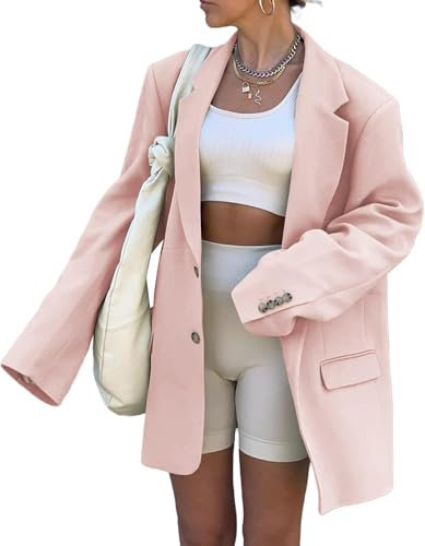 Blazer Donna Casual Elegante a Maniche Lunghe con Risvolto Oversize Blazer Allentato a Tinta Unita con Bottoni di Moda Giacca Leggera da Ufficio (Rosa,S)