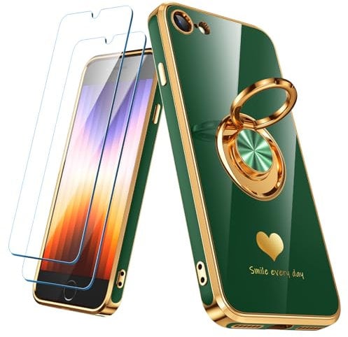 Nonional Compatible for iPhone SE/8/7 Case with 2 Pack Screen Protector, 360° Rotatable Ring Holder [Luxury Hearts Pattern] Plating Gold Edge Slim Soft Phone Case for iPhone SE/8/7 - Green