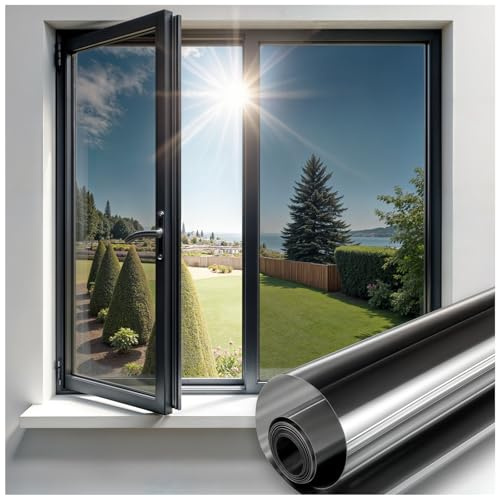 Qualsen Heat Reflective Window Film Privacy, Black-silver, 115x200cm | One Way Mirror Window Tint with Tools, Heat and Sun Blocker, UV Protection, Non Adhesive Static Cling, for Home and Office