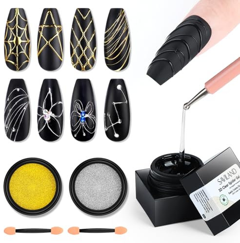 SAVILAND 3D Spider Gel for Nail Art, 5g Clear Elastic Spider Gel Polish with Metallic Silver Gold Chrome Nail Powder for Easy 3D Design Drawing Liner Beginner DIY Manicures Home Salon Use