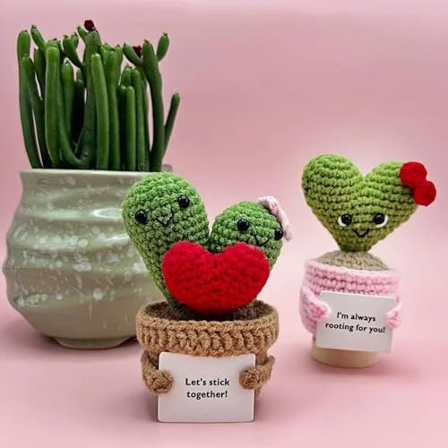 ShaoAngDuoMi Cute Positive Cactus Crochet Potted Plants Handmade Knitted Cactus Potted Plants with Base Emotional Support Cactus Potted Doll Positive Life Encouraging Gift Desktop Ornament