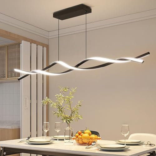 Mikeru 150cm Wave Pendelleuchte, Moderne Schwarze Welle Insel Licht 3000k/4500k/6500k 3 Farbe 10% Bis 100% Dimmbar Linear Pendelleuchten Einstellbare Kabellänge 1-150cm Für Esszimmer, Wohnzimmer