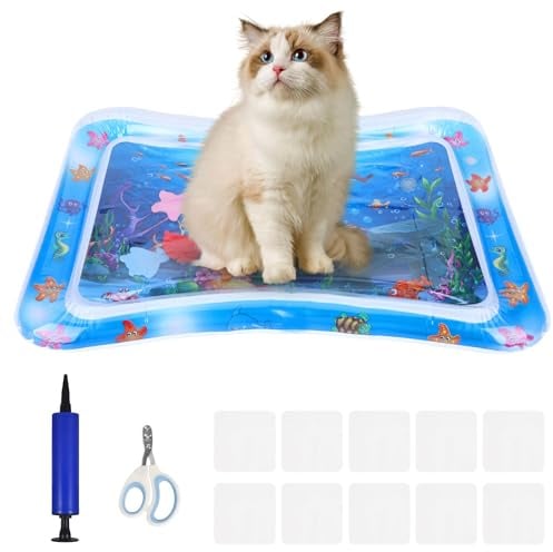 Wassermatte Katze Set, mit 1 Paar Nagelknipsern für Haustiere 10 Stück Folie und 1 Pumpe, Wasserspielmatte Katze Katzen Spielmatte Wasser Spielmatte für Katzen Hunde Haustier Hellblau, (Krake Stil)