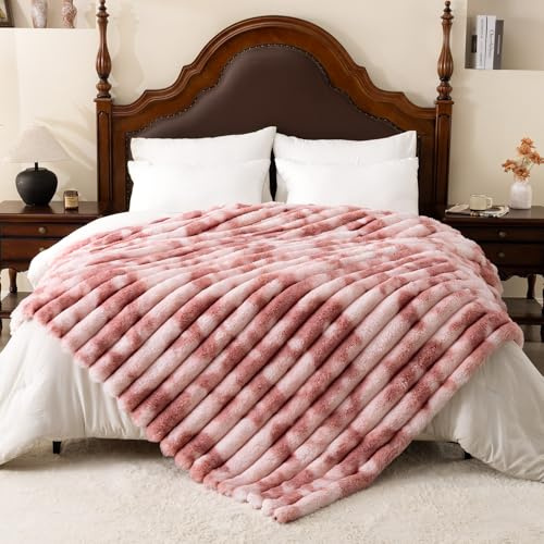 Vamcheer Kuscheldecke für Bett, 230x230 cm Super Soft Dick Wohndecke, Bubble Kaninchen Kunstfell Decke, Plüsch Doppelgesicht, Weich & Warm Überwurf, Tie-dye Rosa