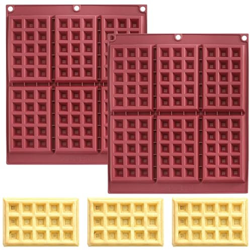 Set di 2 stampi per waffle in silicone, con rivestimento antiaderente, 29,2 x 25 cm, 6 cialde rettangolari per forma, colore rosso
