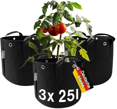 honju Sac de Plantation 25l - Pack de 3 Pots pour Tomates et Plantes | Tissu respirant avec oeillets de fixation, poignees solides et drainage optimal pour racines saines sur balcon ou jardin