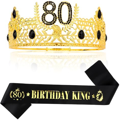 KIUEZIR 80. Geburtstagskrone & Schärpe Set für Herren - Barock Rund Krone in Gold mit Goldprägung 80 BIRTHDAY KING Schärpe, Hochwertige Material für Mann Geburtstags, Jubiläen & Feiern