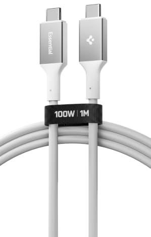 Spigen Essential 100W USB C to C Cable - White/1M | Durable, Fast Charging, 100W 1M USB-C to USB-C Cable, Works with iPhone 17/16, Galaxy S26/25, Z Flip/Fold 8, iPad, Macbook