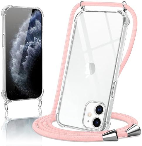 Micnkifo Handyband Hülle mit Band für iPhone 11 Pro MAX, Necklace Handyhülle mit Kordel Schutzhülle für zum Umhängen, Transparent TPU Case Stoßfest Kratzfest Silikon Cover mit Kette, Rosa