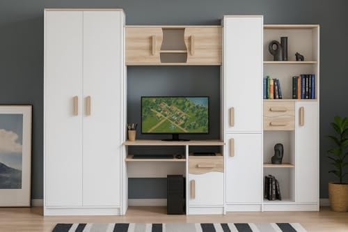 Agritrade AK Mathias 5-Piece Youth Bedroom Furniture Set, Wardrobe, Desk, Tall Bookcase, Low Storage & Wall Shelf W 300 cm x H197 cm Height (body: white/handle: sonoma)