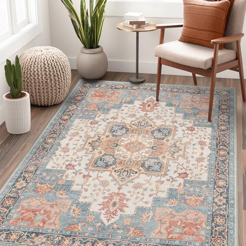 GENIMO Rug 120x170cm Coral Blue Washable Non-Slip Vintage Boho Carpet Area | Bohemian Area Mat in Blue Coral with Traditional Print Cleanable, Anti-skid, Short Pile, Perfect for Family Room Bedroom