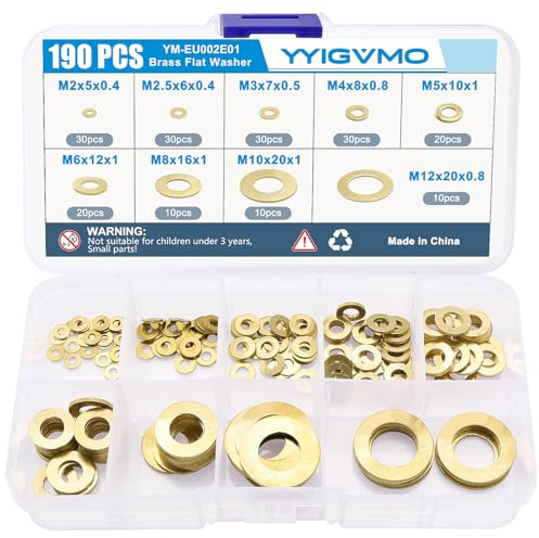 YYIGVMO 190 Pezzi M2 M2.5 M3 M4 M5 M6 M8 M10 M12 Rondelle Piatte in Ottone Assortimento Set, Rondelle Metalliche, per Viti Bulloni
