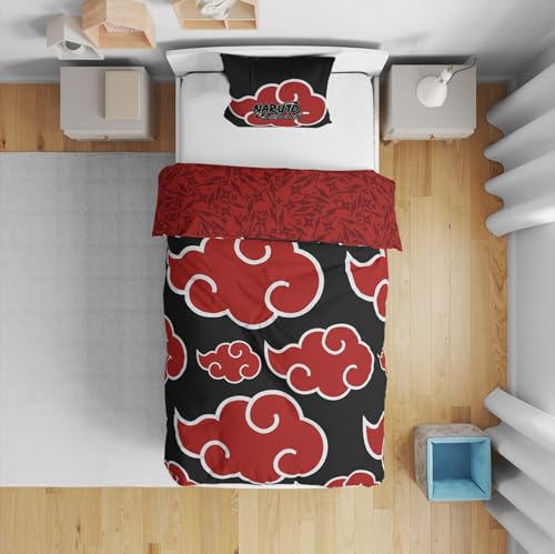 Naruto Shippuden, Bettwäsche für Kinder, für Einzelbett, 2-teiliges Set, wendbar, 140 x 200 cm mit Kissenbezug, 63 x 63 cm, Motiv Akatsuki Wolken, Manga-Kollektion
