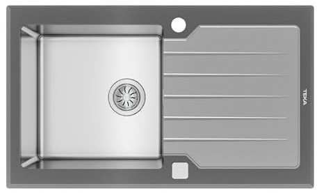 TEKA Fregadero de Encastre 1 Cubeta con Escurridor Reversible en Inox y Cristal, Profundidad 20 cm, SilentSmart, Efecto Impermeable PureClean, Mueble Bajo 50 cm, Serie Diamond LUXE 1C 1E Stone GREY