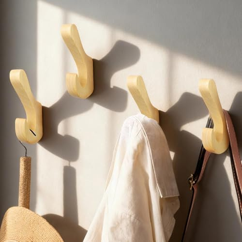 ATTEEFI 4 Pièces Patere Murale Bois, Robuste Porte Manteau Mural Bois à Double Crochet, Patere Porte Manteau Capacité de Charge 10 kg, Aspect Bois Naturel, pour Couloirs, Chambres et Cuisines