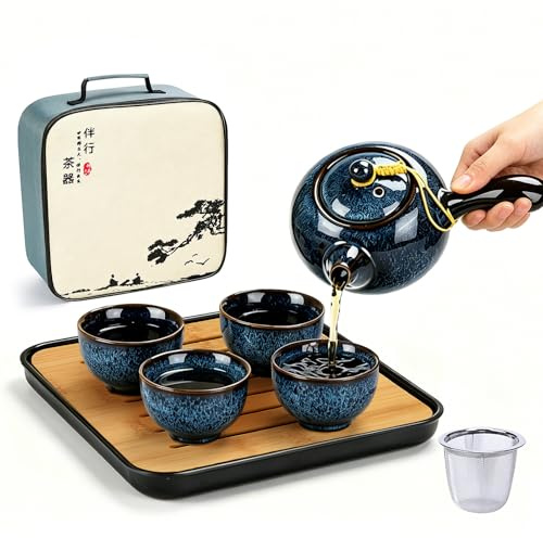DUJUST Chinese Gongfu Tea Set, Kiln Altered Glaze Porcelain Tea Set with 1 Teapot, 4 Tea Cups & 1 Tea Tray, Portable Japanese Tea Sets with Storage Bag for Travel, Gifting, Outdoor, Dark Blue