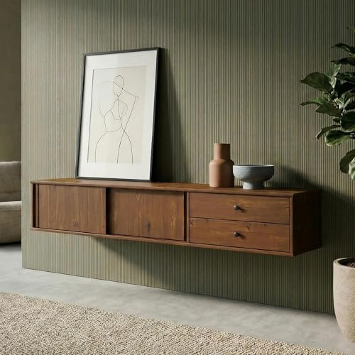 IDIMEX Lowboard Simona 175 cm hängend aus Massivholz, Kastanie Finish - TV Schrank mit 2 Schiebetüren und Schubladen, Wohnzimmermöbel im Mid Century Style, ideal als TV Board.