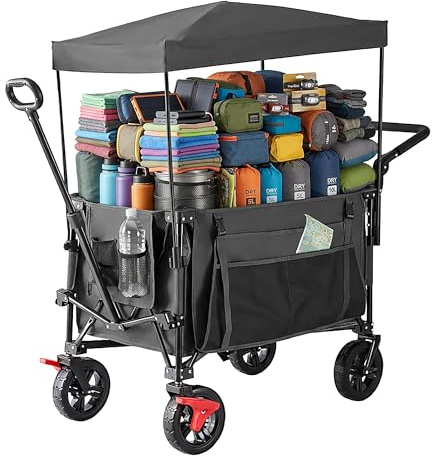 Relaxdays Bollerwagen, faltbar, 150 kg, Dach, Teleskop- & Schiebegriff, Gummireifen mit Bremse, Transportwagen, grau