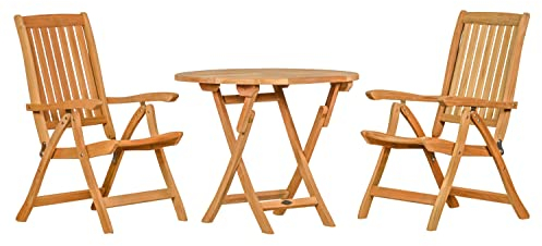 Teak Sitzgruppe 2 Hochlehner klappbar und 1 Klapptisch rund 90 cm Premium Set