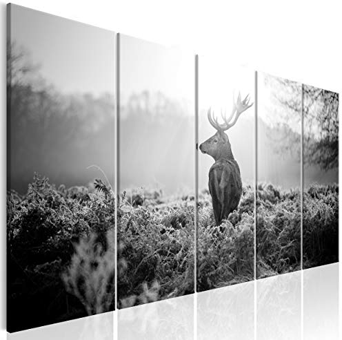 decomonkey Bilder Hirsch Tiere 200x80 cm 5 Teilig Leinwandbilder Bild auf Leinwand Wandbild Kunstdruck Wanddeko Wand Wohnzimmer Wanddekoration Deko Landschaft Sonne Sonnenuntergang Natur grau