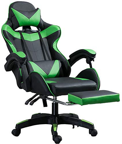 Chaise Gaming en Cuir Chaise de Bureau Pivotante Fauteuil Ergonomique avec Appui-tête et Oreiller Lombaire,Dossier 135°Inclinable - Charge Max 150kg (Noir et Vert)