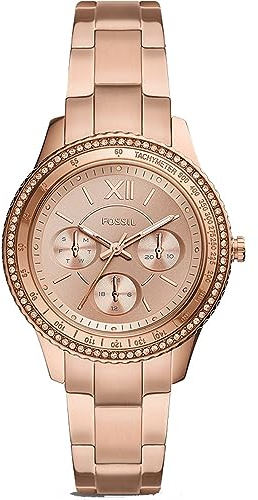 Fossil Damenuhr Stella Sport, QuarzMultifunktionswerk, 37mm Rose Gold Edelstahlgehäuse mit Edelstahlarmband, ES5106