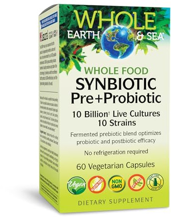 Natural Factors Whole Food Synbiotic Pre+Probiotic 10 Billion - Organic Gut & Digestive Health Supplement - Non-GMO, Gluten-Free & Dairy-Free - 60 Vegetarian Capsules (60 Servings)
