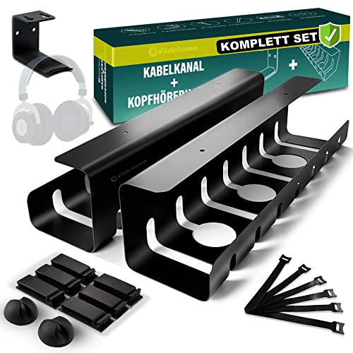Fidelamo® Kabelkanal Schreibtisch [2 Stück] inkl. Zubehör + Kopfhörerhalter [1 Stück] - Komplettset für effizientes Kabelmanagement - Kabelkorb
