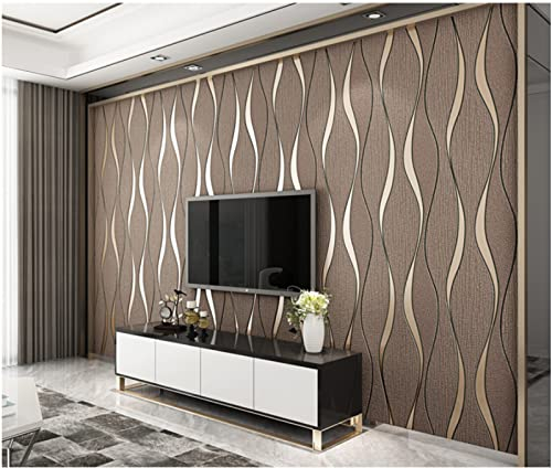Dark Brown Wallpaper 0.53 m x 9.5 m Modern Minimalist Water Ripple Flocking Non-Woven Wallpaper 3D Wave Pattern Wallpaper Roll Decoration for Livingroom Bedroom Kitchen