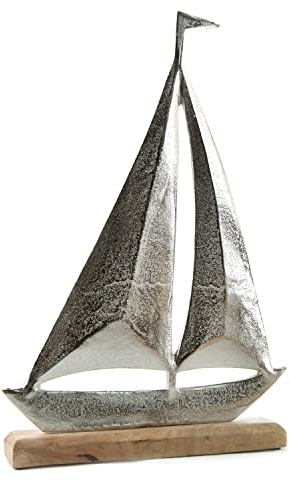 Logbuch-Verlag Segelboot Figur aus Metall & Holz Silber 26 cm Segelschiff Hochzeit Geburtstag Geschenk für Segler